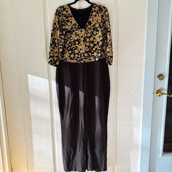 Pants - NWOT‎ Jumpsuit 2XL Formal 3/4 Sleeve Black & Gold Leaf Design Evening Event